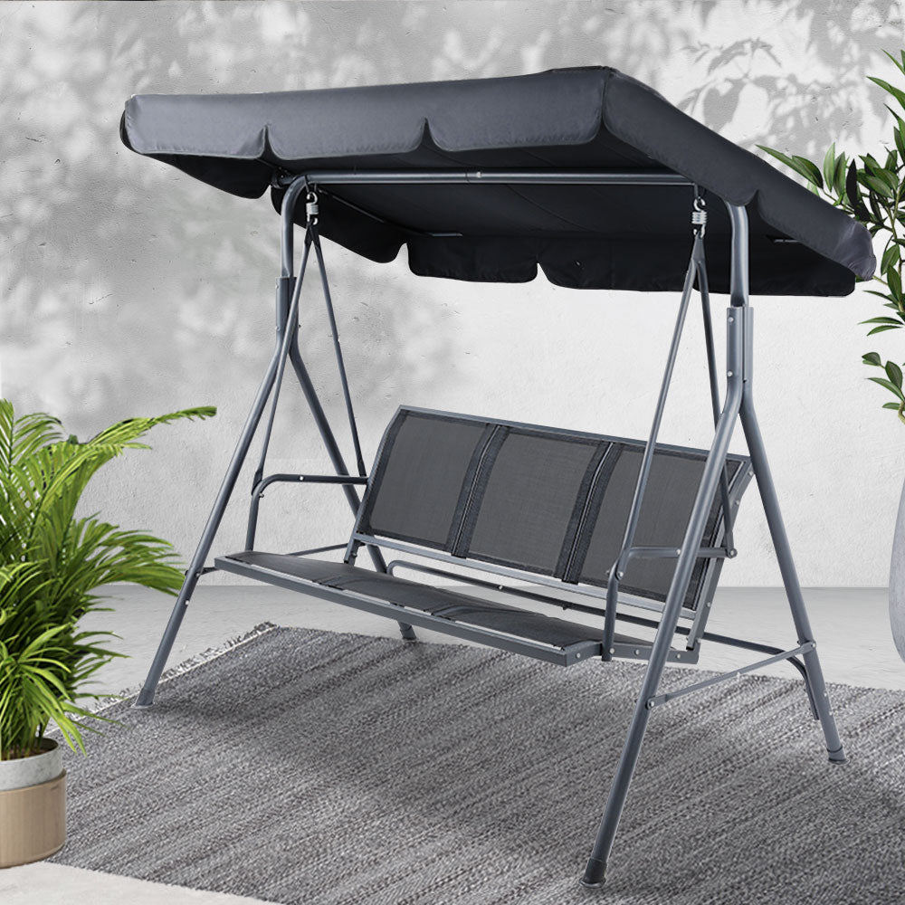 Gardeon Canopy Swing Chair Outdoor Garden Bench 3 Seater Black