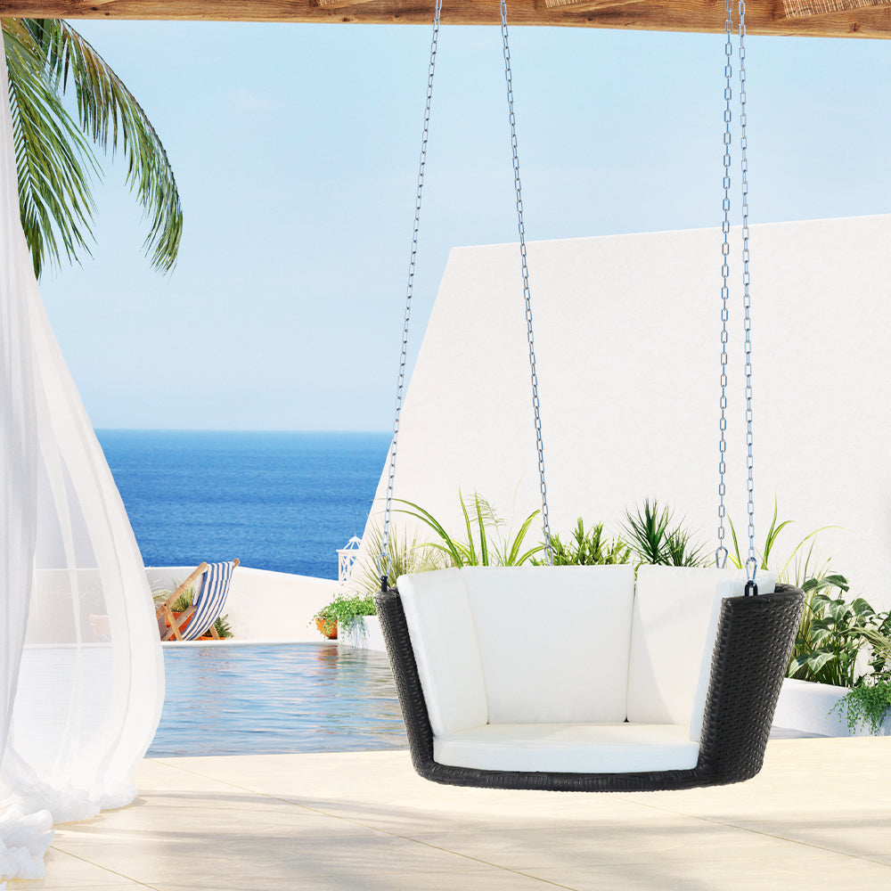 Gardeon Rattan Porch Swing Chair with Chain and Cushion Black
