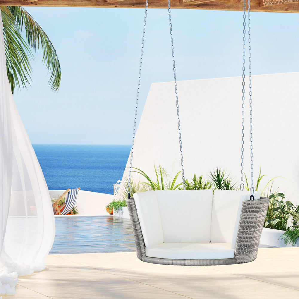 Gardeon Rattan Porch Swing Chair with Chain Cushion Grey