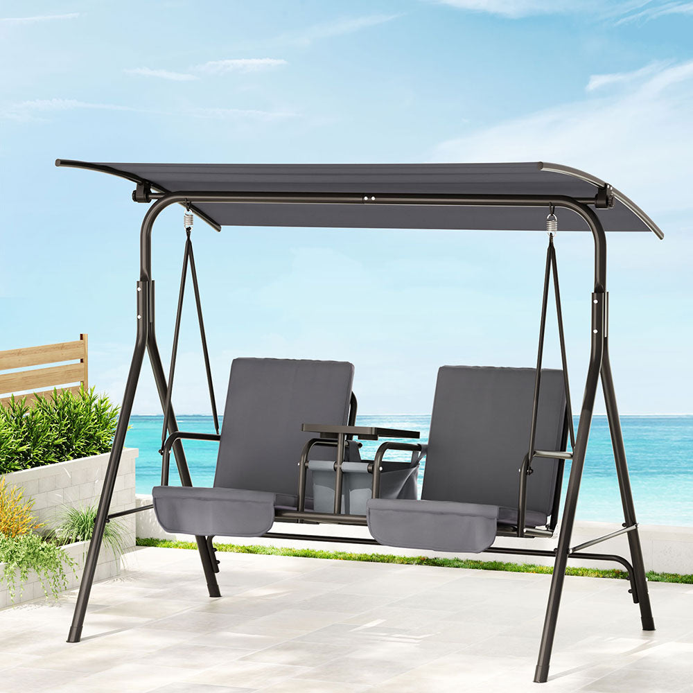 Gardeon 2-Seater Outdoor Swing Chair Grey Canopy Cup Holders