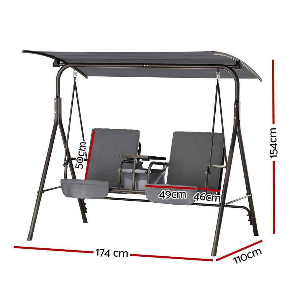 Gardeon 2-Seater Outdoor Swing Chair Grey Canopy Cup Holders