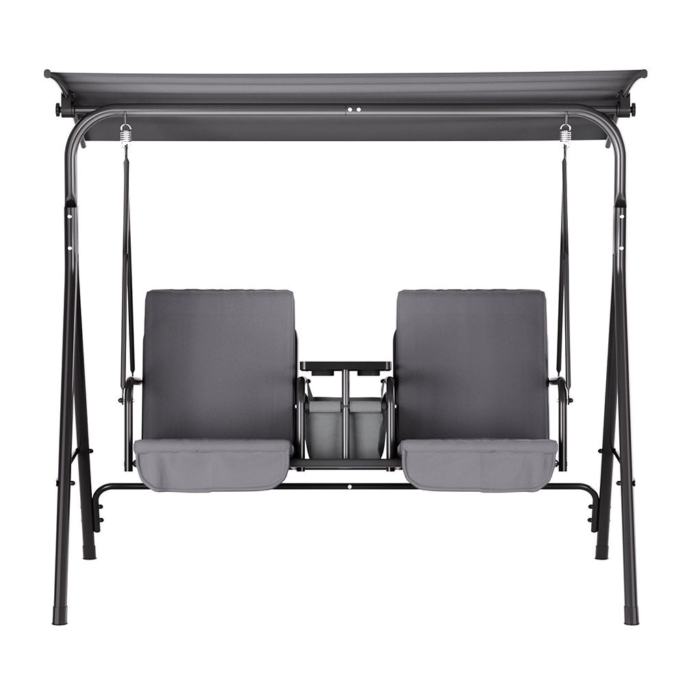 Gardeon 2-Seater Outdoor Swing Chair Grey Canopy Cup Holders