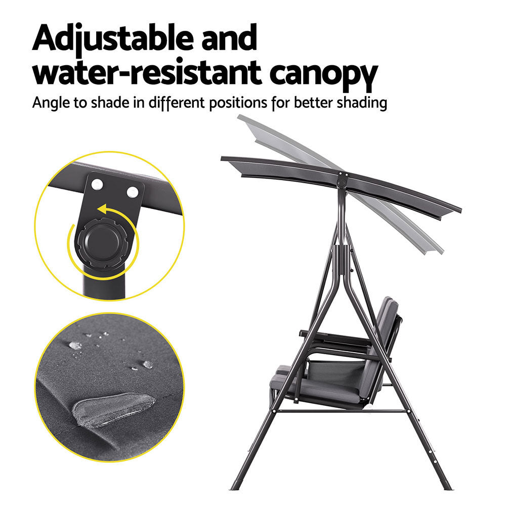 Gardeon 2-Seater Outdoor Swing Chair Grey Canopy Cup Holders