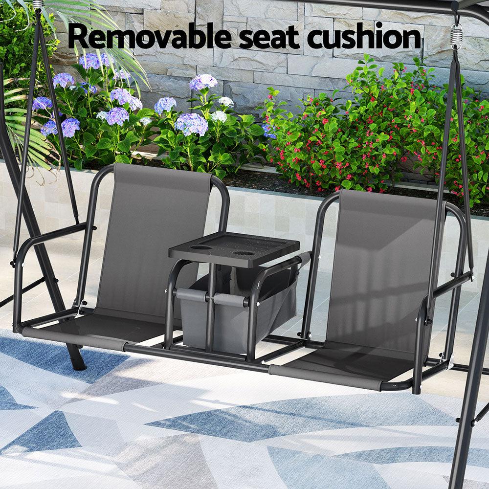 Gardeon 2-Seater Outdoor Swing Chair Grey Canopy Cup Holders