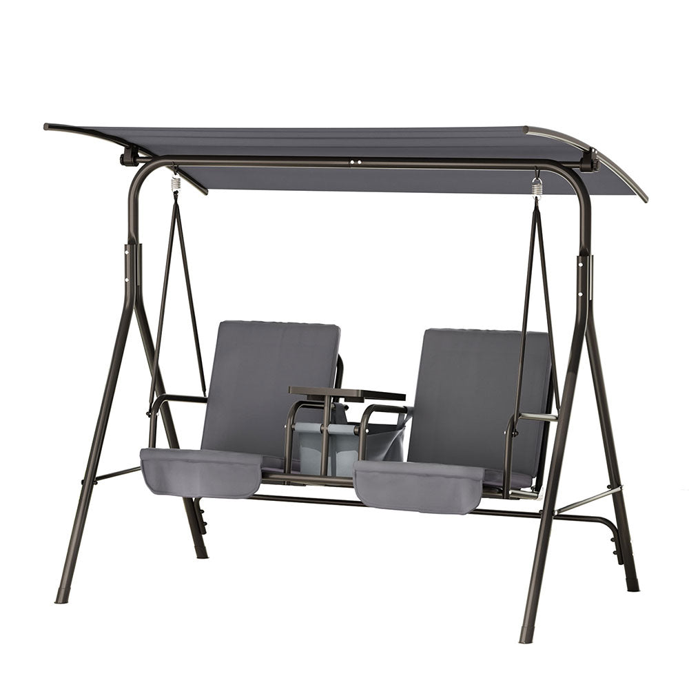Gardeon 2-Seater Outdoor Swing Chair Grey Canopy Cup Holders