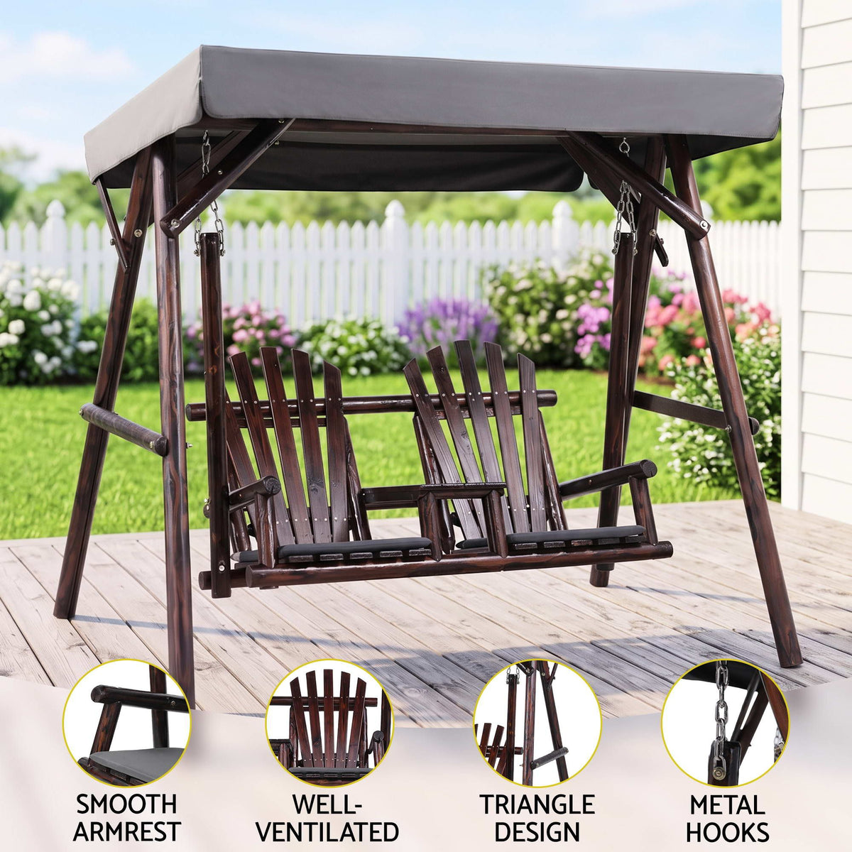 Gardeon Outdoor Wooden Swing Chair with Canopy Middle Table Charcoal