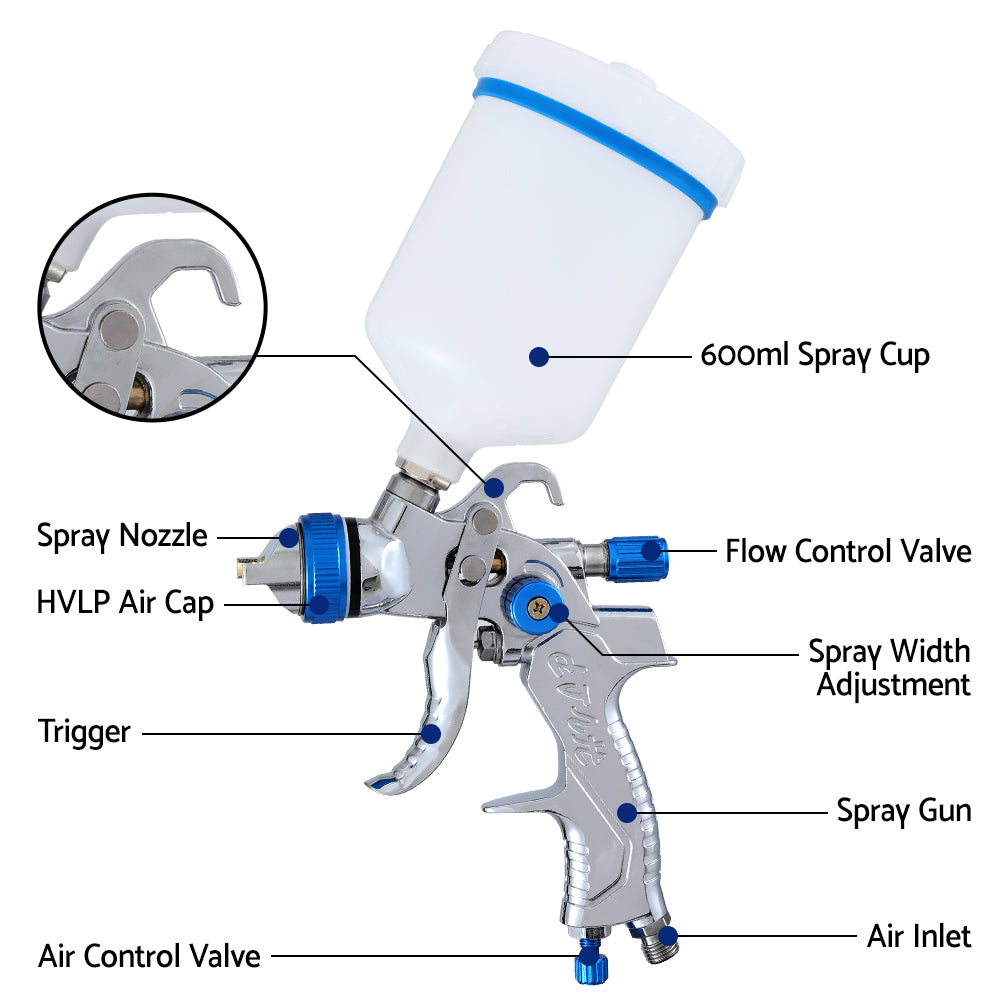 Giantz HVLP Spray Gun Paint Sprayer Gravity Feed 1.4mm 1.7mm 2.0mm Nozzles
