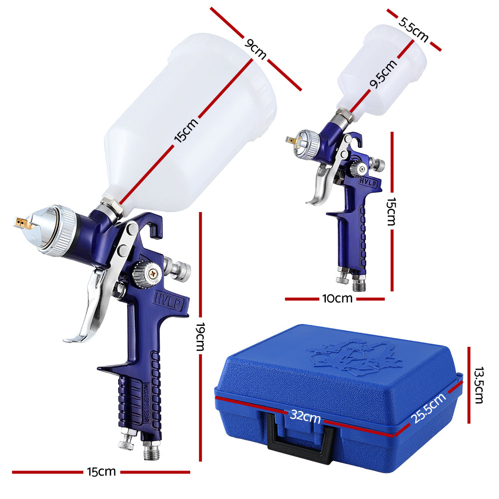 Giantz HVLP Spray Gun Set 2PC Gravity Feed Blue 0.8mm 1.4mm Nozzles