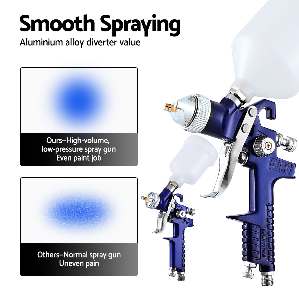 Giantz HVLP Spray Gun Set 2PC Gravity Feed Blue 0.8mm 1.4mm Nozzles