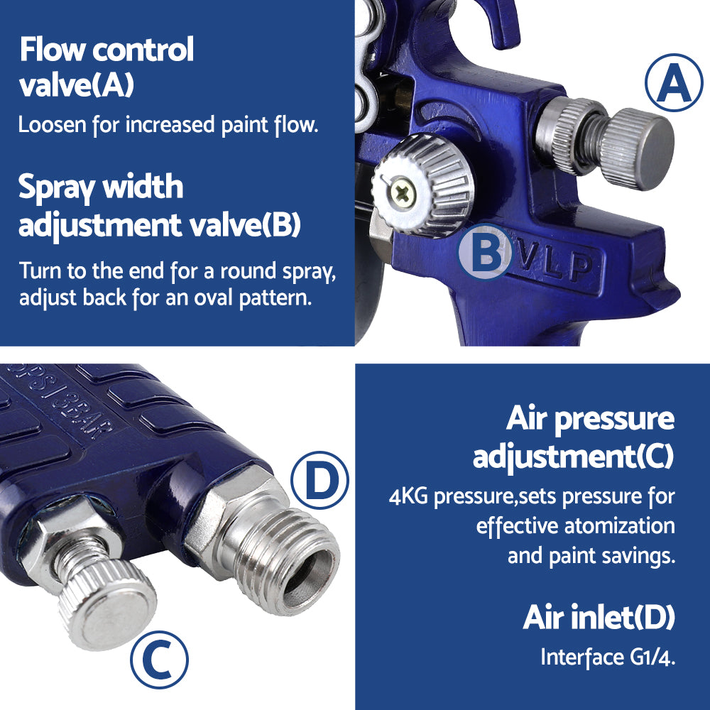 Giantz HVLP Spray Gun Set 2PC Gravity Feed Blue 0.8mm 1.4mm Nozzles