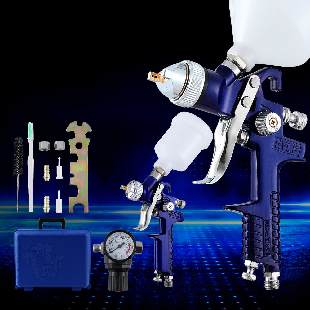 Giantz HVLP Spray Gun Set 2PC Gravity Feed Blue 0.8mm 1.4mm Nozzles