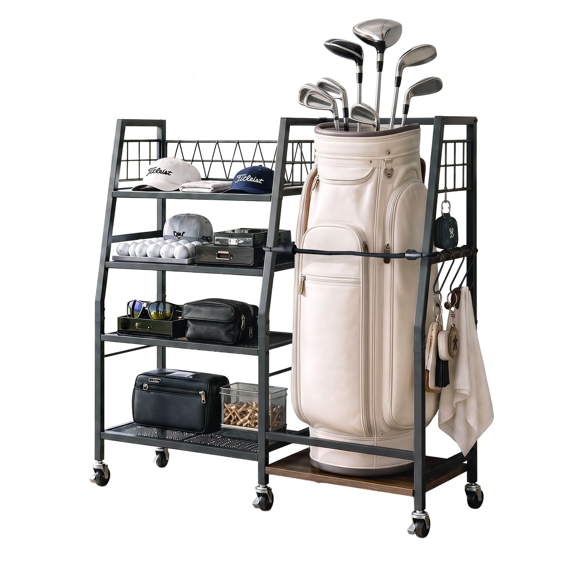 Everfit Golf Bag Storage Rack with 4 Shelves, Mobile Golf Organizer