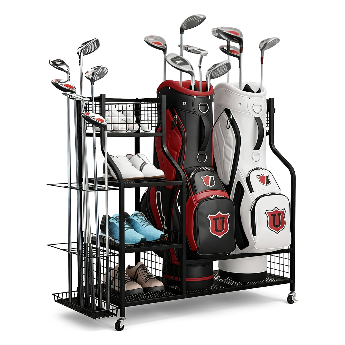 Everfit Golf Bag Storage Rack Organiser with Wheels Black