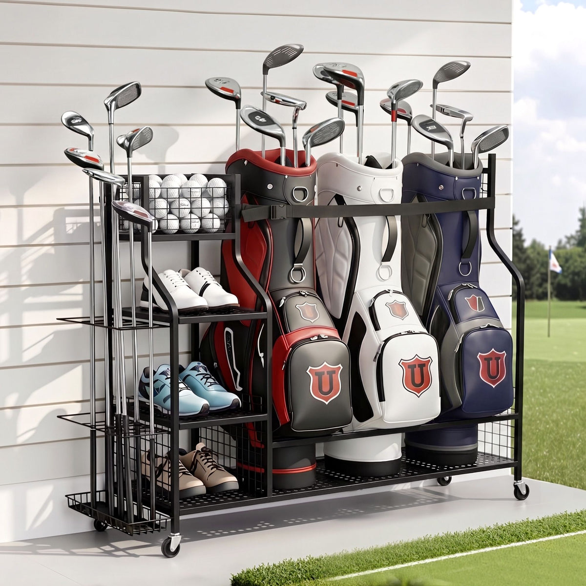 Everfit 3 Bag Golf Storage Organiser with Wheels Black