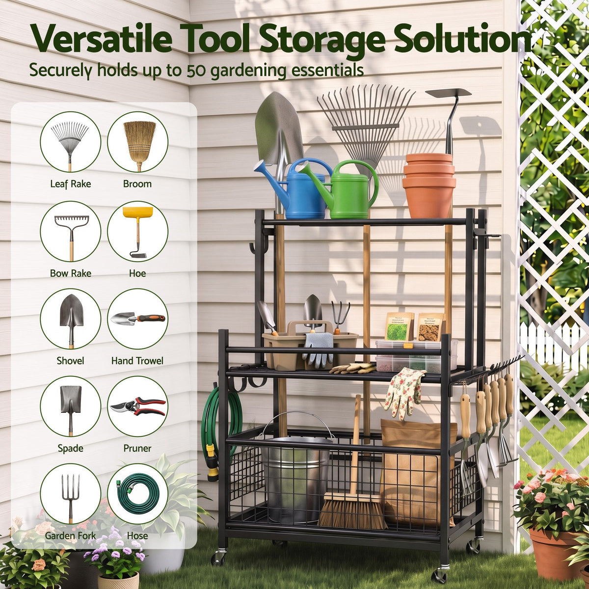 Gardeon Garden Tool Organiser Rack 16 Slots Rolling Black