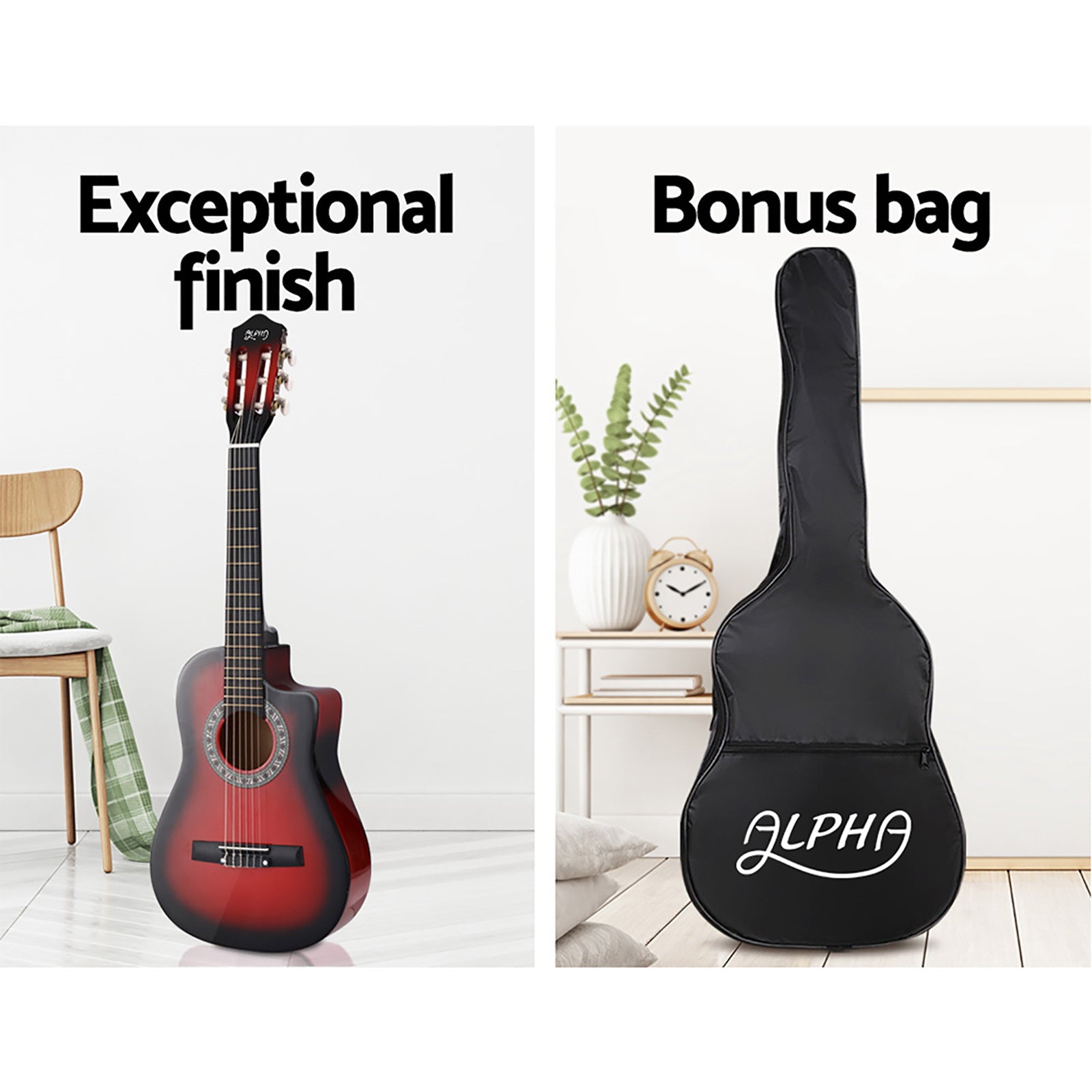 Alpha 34" Classical Guitar Nylon String Red Beginner Bundle
