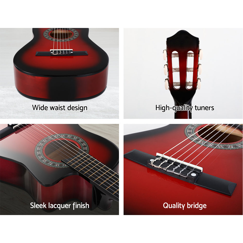 Alpha 34" Classical Guitar Nylon String Red Beginner Bundle