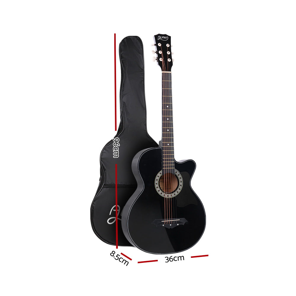Alpha 38" Acoustic Guitar Steel String Black w/ Stand