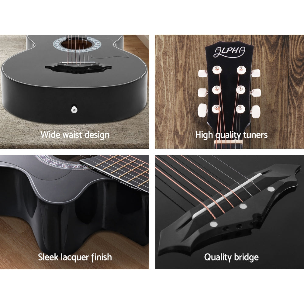 Alpha 38" Acoustic Guitar Steel String Black w/ Stand