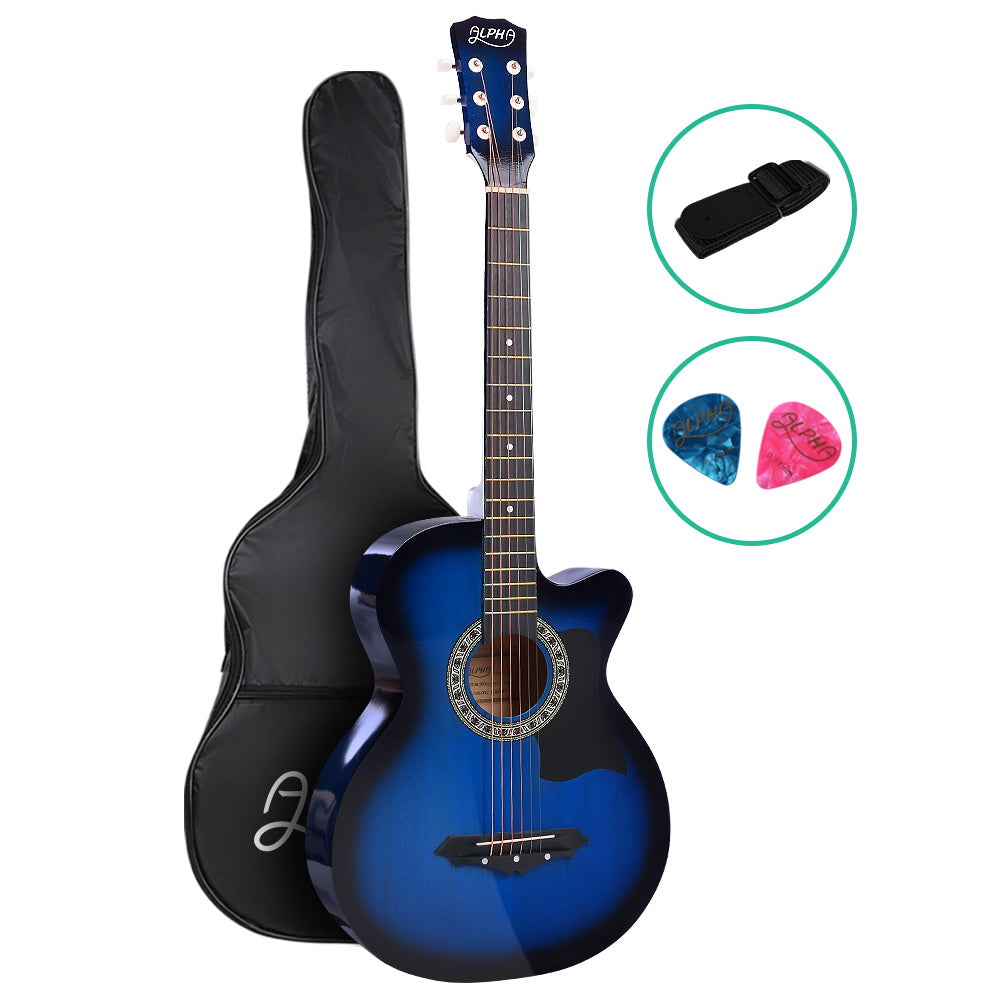 Alpha 38" Acoustic Guitar Wooden Steel String Cutaway Blue