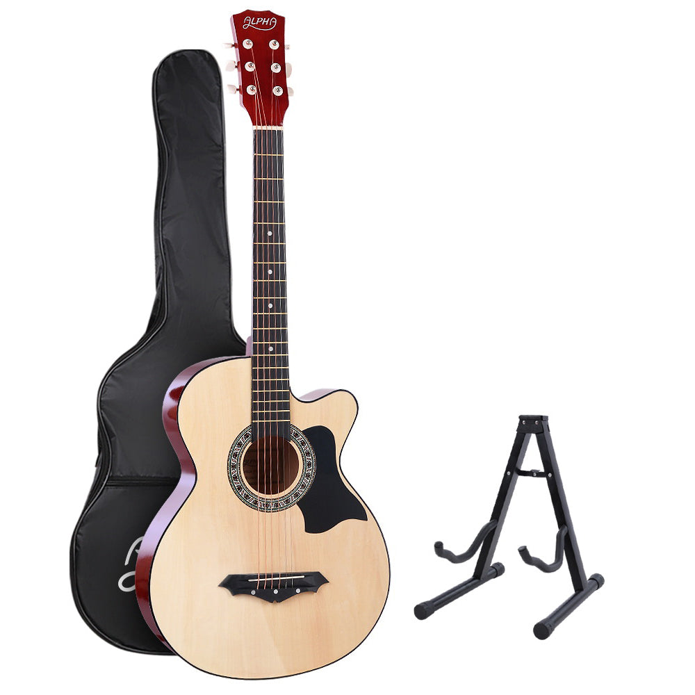 Alpha 38" Acoustic Guitar Wooden Steel String w/ Stand
