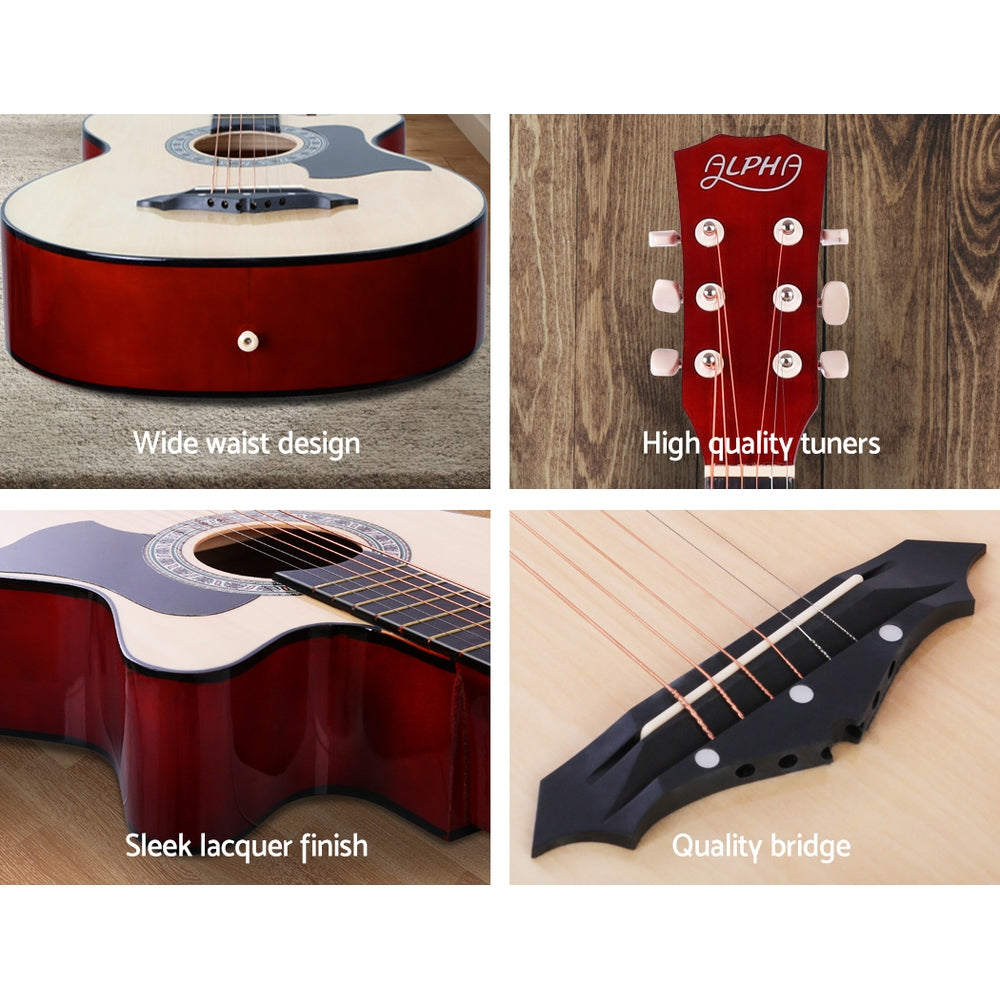 Alpha 38" Acoustic Guitar Wooden Steel String w/ Stand