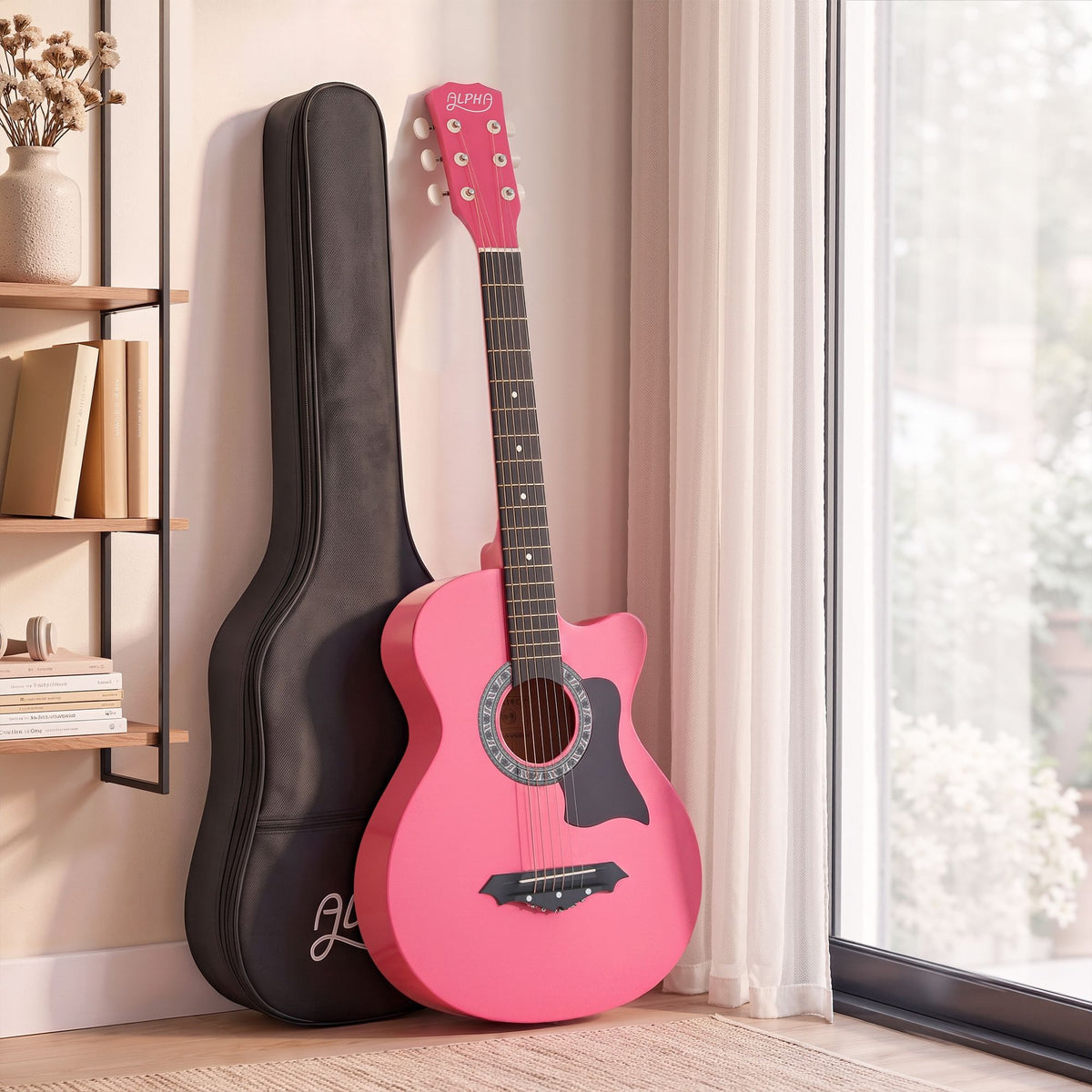 Alpha 38 Inch Folk Acoustic Guitar Cutaway Steel String Pink