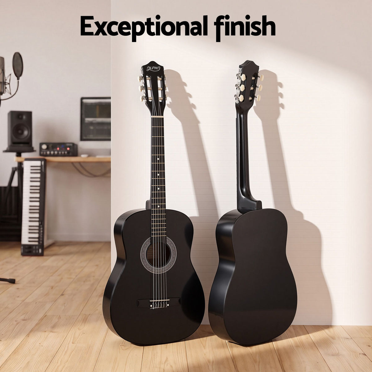Alpha 38 Inch Classical Acoustic Guitar with Folding Stand Capo and String Set Black