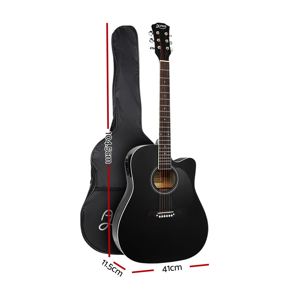 Alpha 41" Acoustic Electric Guitar Cutaway Black with Stand