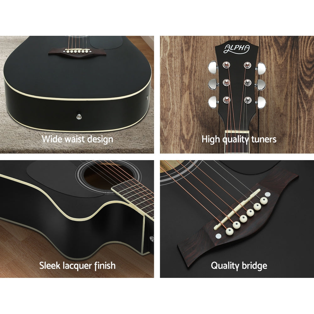 Alpha 41" Acoustic Electric Guitar Cutaway Black with Stand