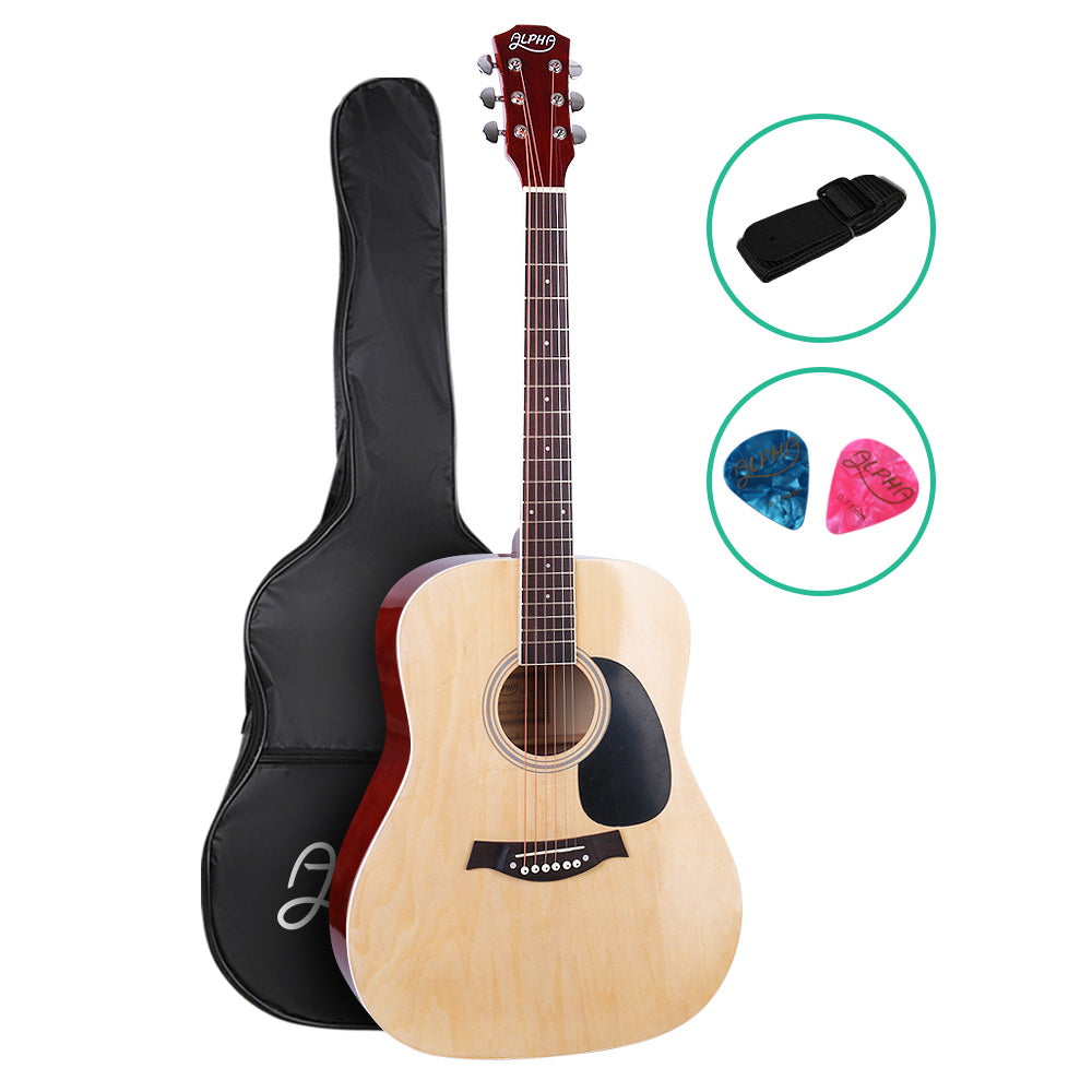 Alpha 41" Dreadnought Acoustic Guitar Steel String Natural Wood