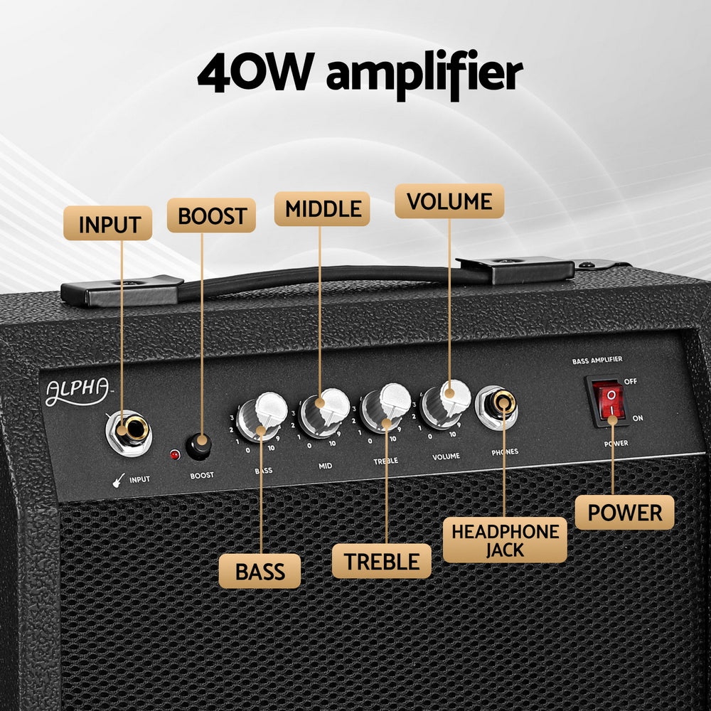 Alpha 40W Bass Guitar Amplifier Portable Black