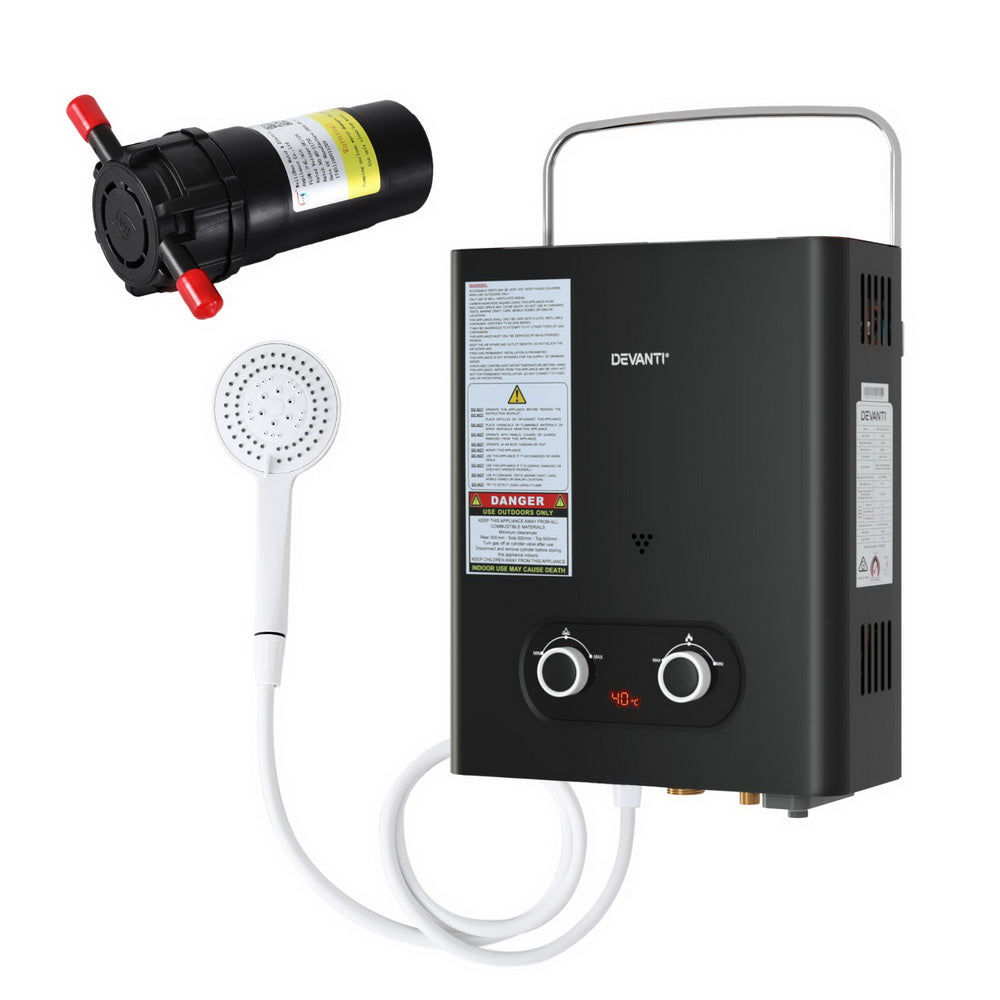 Devanti Portable Gas Water Heater LPG System Black with Pump