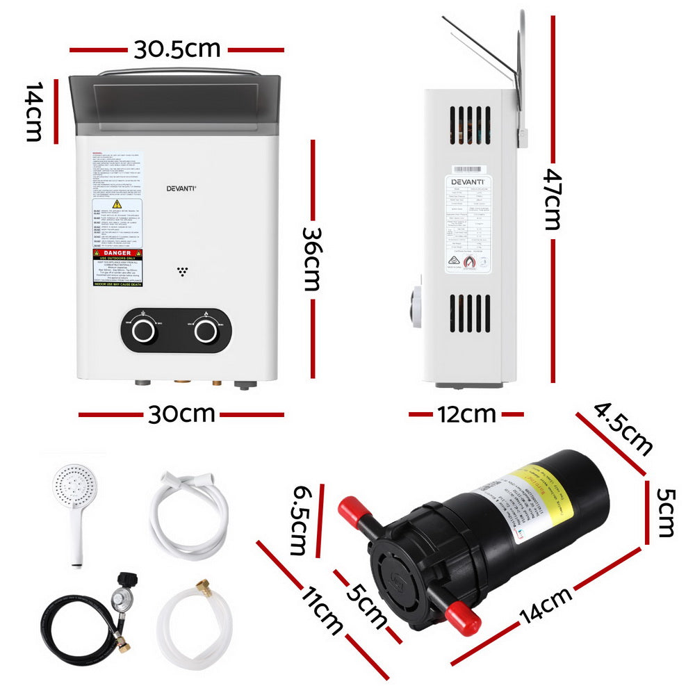 Devanti Portable Gas Water Heater LPG System White with Pump