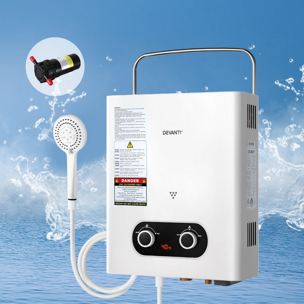 Devanti Portable Gas Water Heater LPG System White with Pump