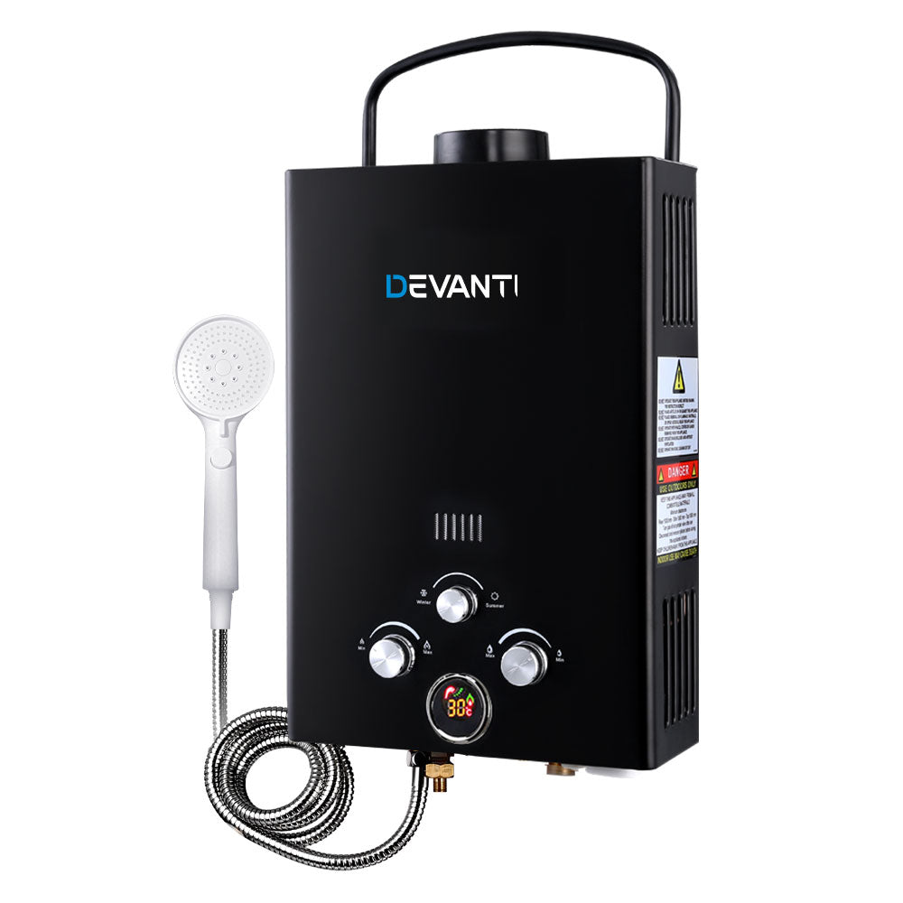 Devanti 8L Portable Gas Water Heater LPG System Black