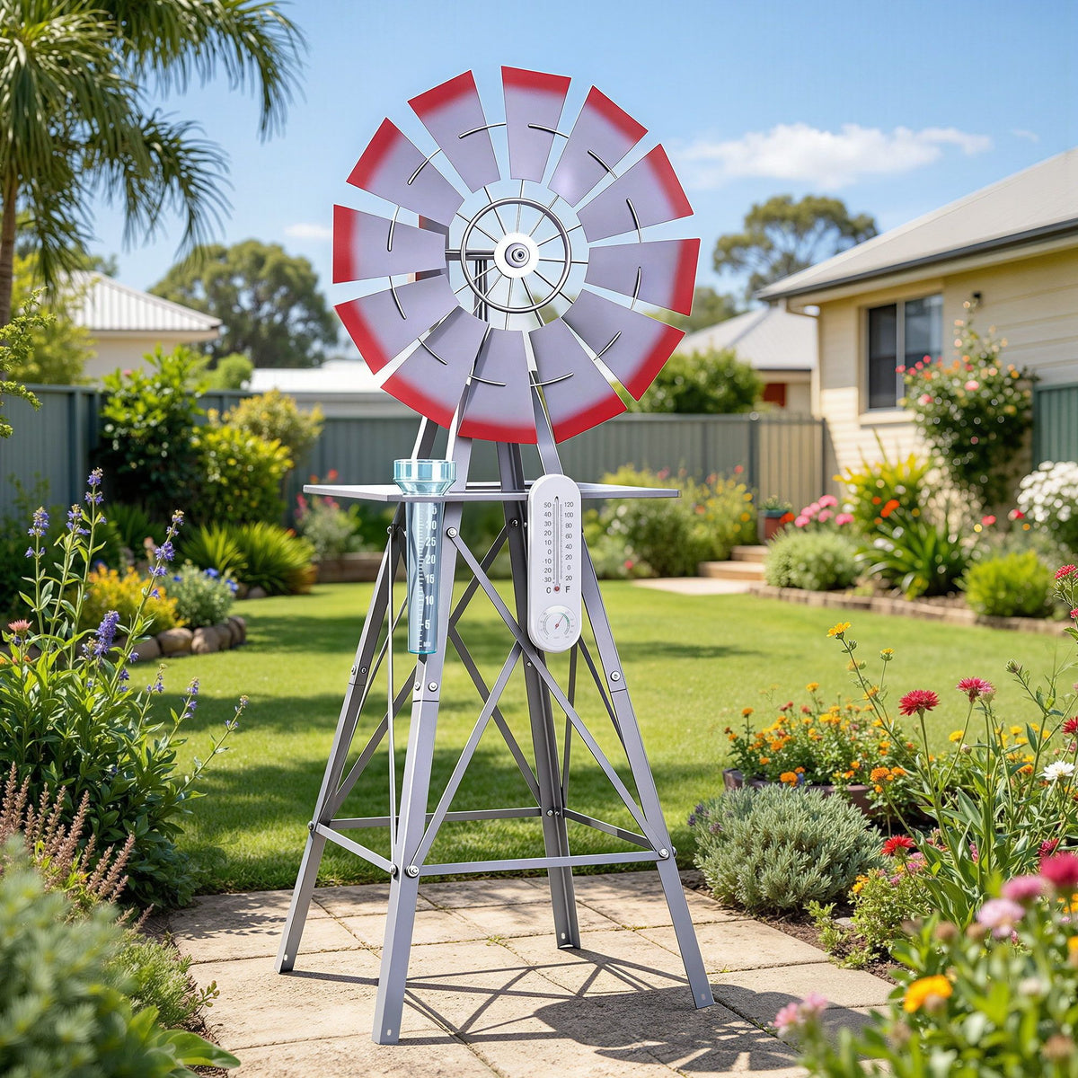 Gardeon Garden Windmill Weather Station with Rain Gauge 122cm Silver