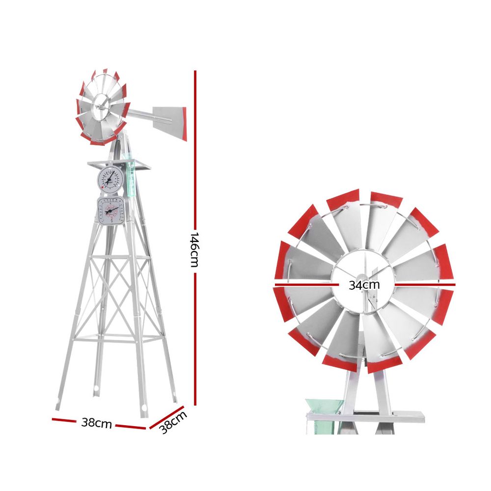 4FT Metal Garden Windmill Ornament Grey/Red Weather-Resistant