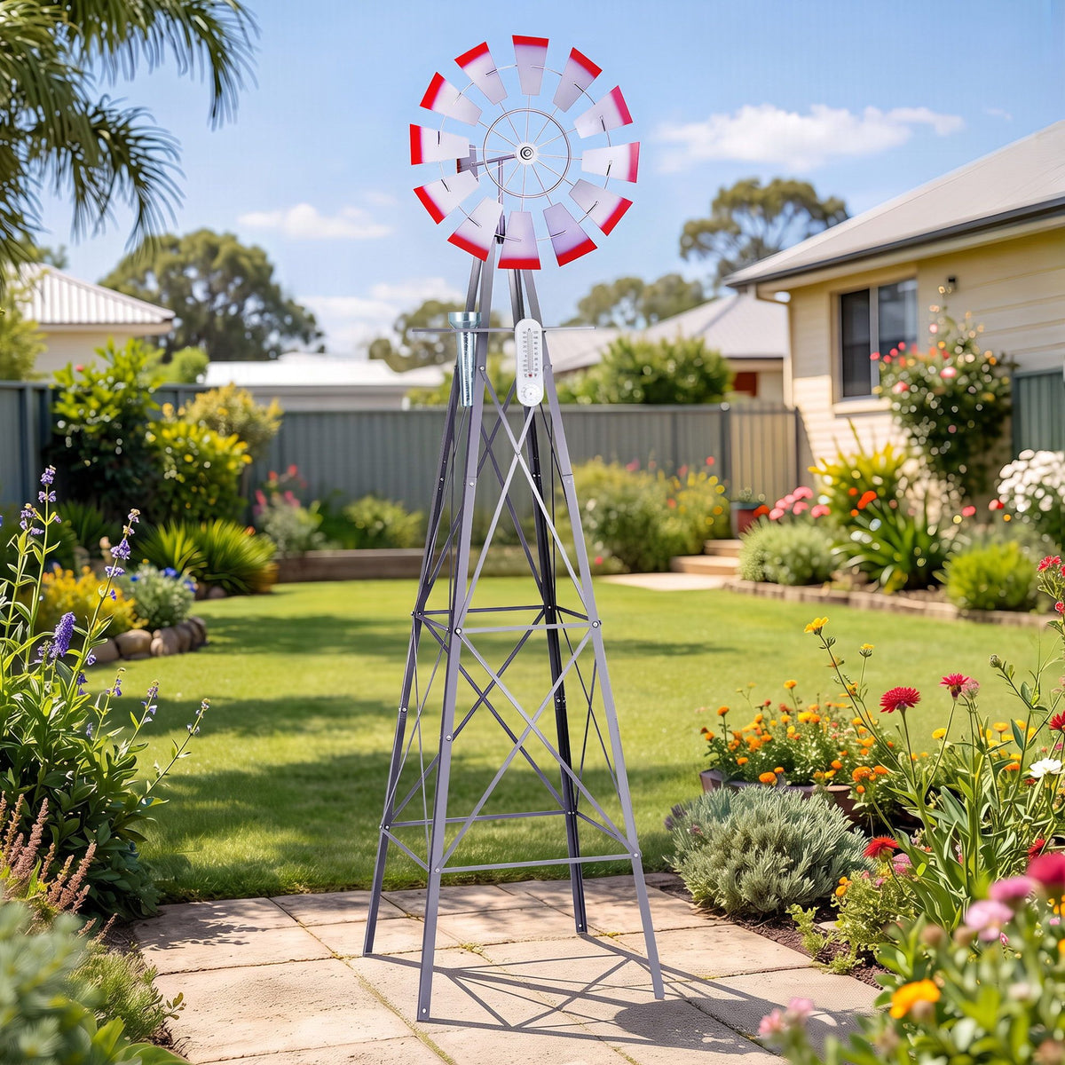 Gardeon Garden Windmill Weather Station with Rain Gauge 243cm Silver