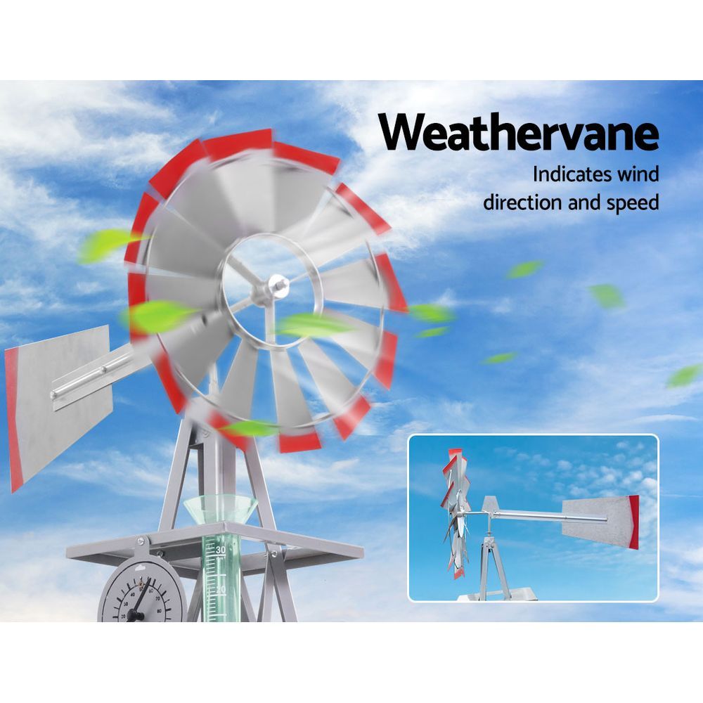 8FT Garden Windmill Metal Ornament Grey Red Trim