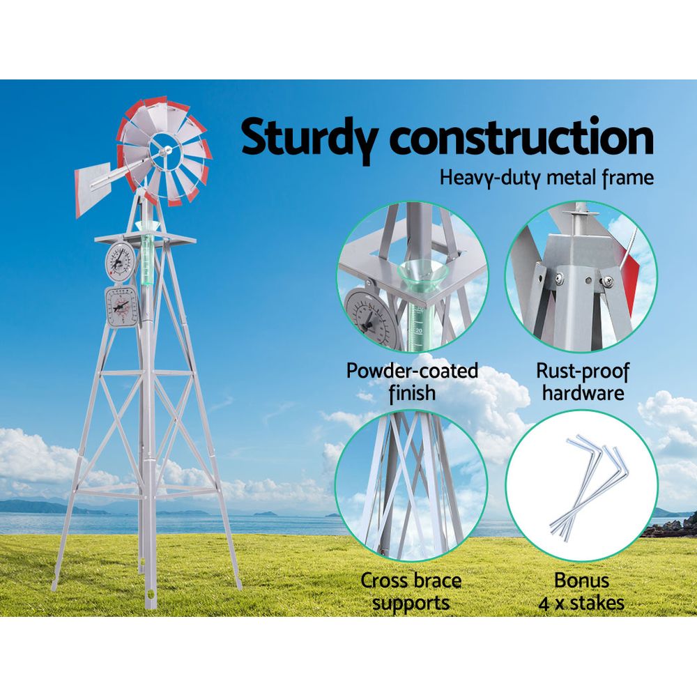 8FT Garden Windmill Metal Ornament Grey Red Trim