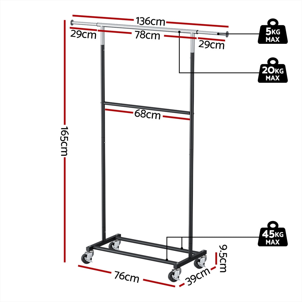Artiss Double Rod Clothes Rack Adjustable Coat Stand Silver/Black