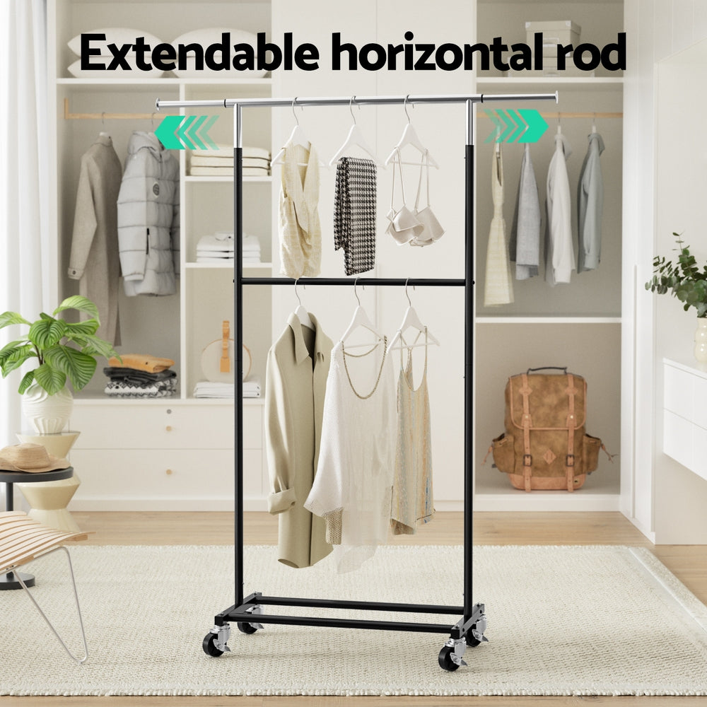 Artiss Double Rod Clothes Rack Adjustable Coat Stand Silver/Black