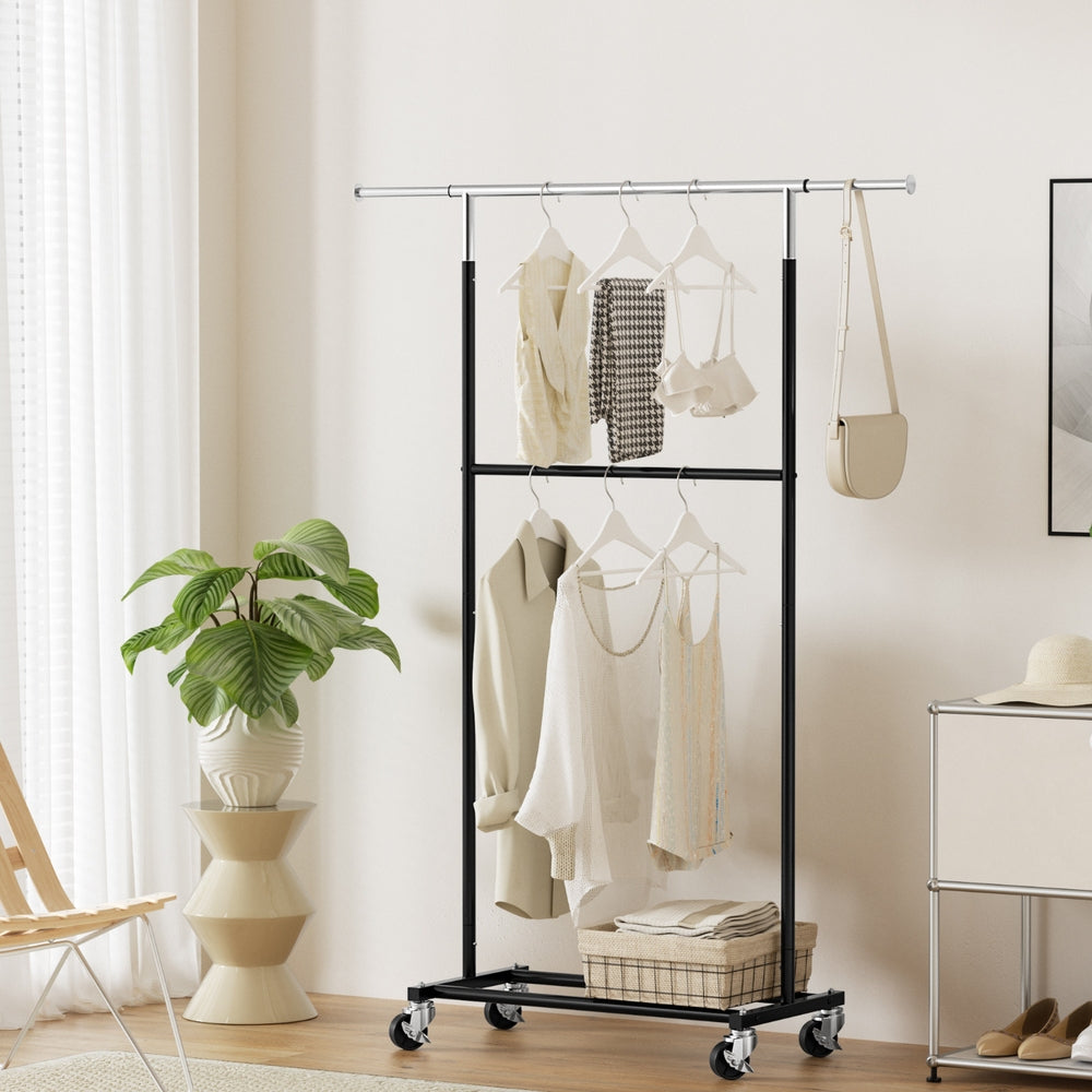Artiss Double Rod Clothes Rack Adjustable Coat Stand Silver/Black