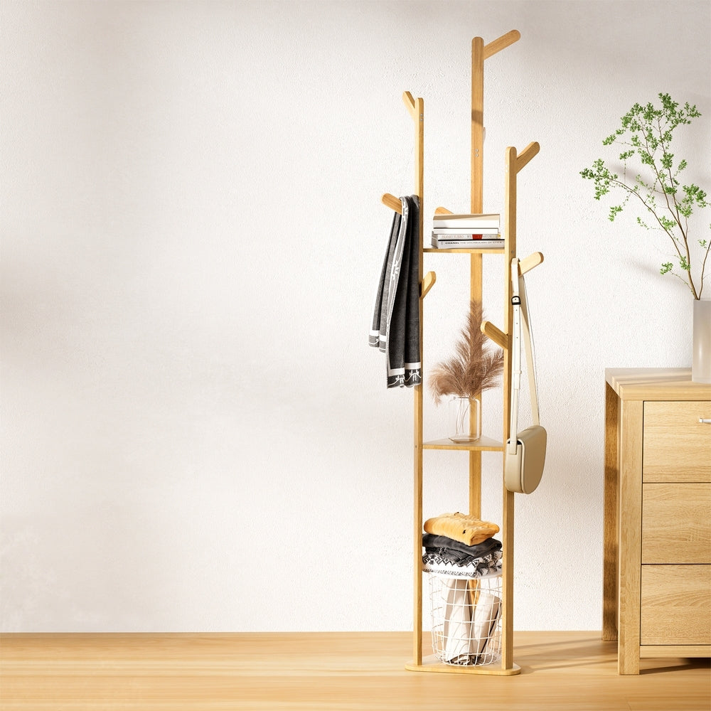 Artiss Bamboo Coat Stand 9 Hooks Airer Rack Pine