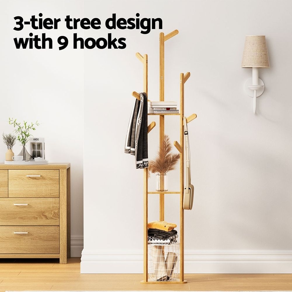 Artiss 2X Clothes Rack Airer Coat Stand 9 Hooks Bamboo