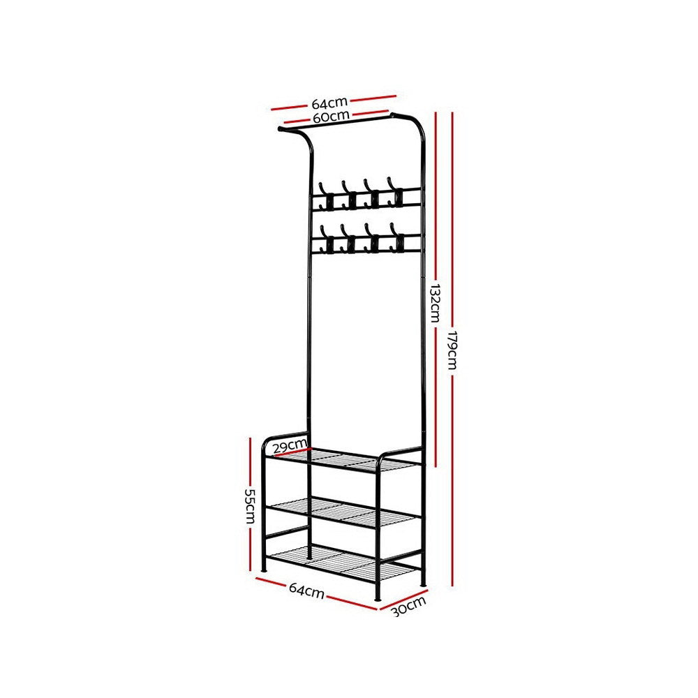 Artiss 179cm Clothes Rack Coat Stand Black Metal Shelving