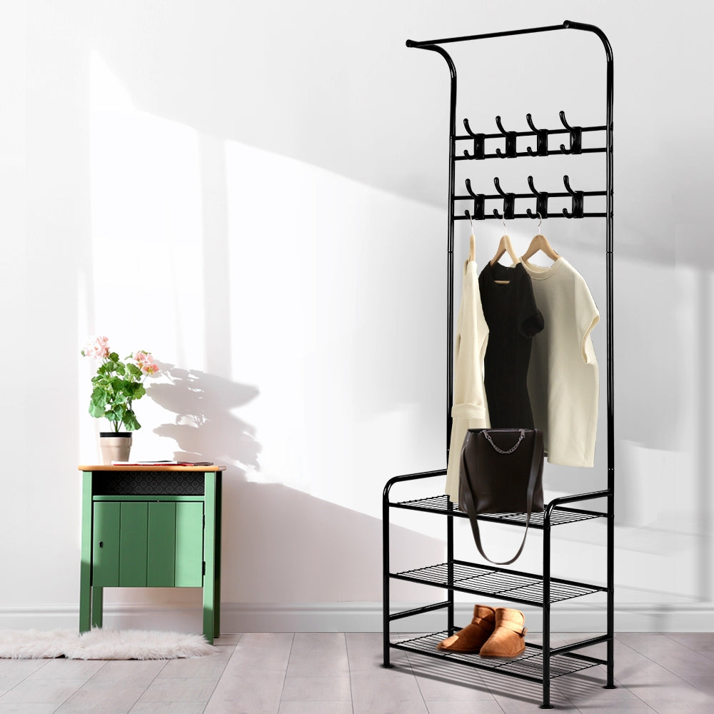 Artiss 179cm Clothes Rack Coat Stand Black Metal Shelving