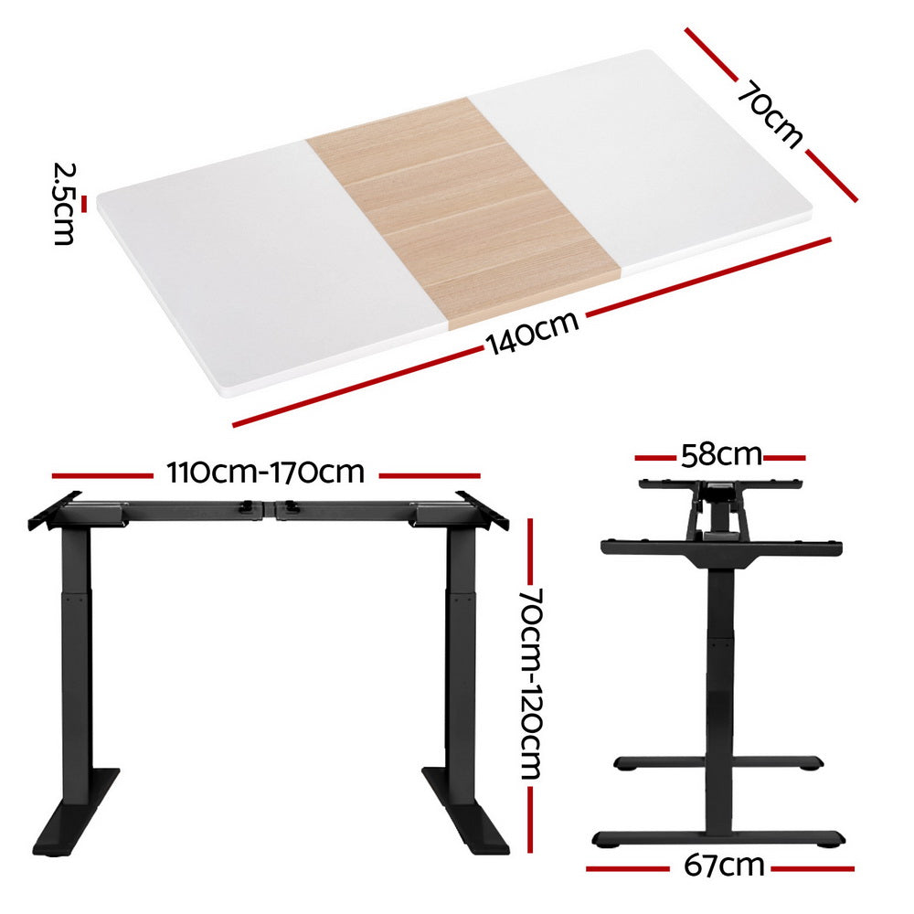 Artiss 140cm Dual Motor Electric Standing Desk Black Frame White/Pine Desktop