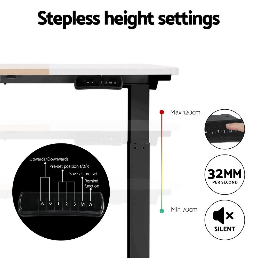 Artiss 140cm Dual Motor Electric Standing Desk Black Frame White/Pine Desktop
